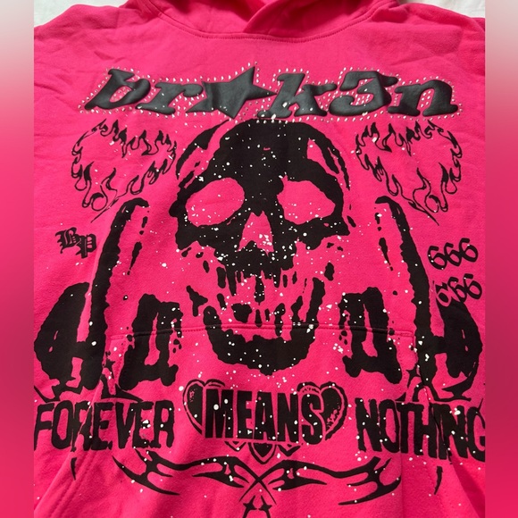 Broken Promises Faceless Pink Rhinestone Skull Hoodie & Shorts Set Size Medium - Picture 8 of 13